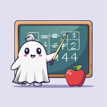 Cute Ghost Teacher with Pointer and Apple at Blackboard
