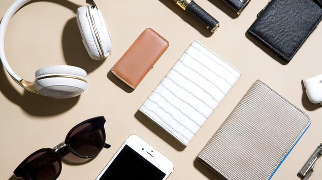 utility. Neatly arranged tech accessories on neutral surface, highlighted by subtle shadows and soft lighting. product launch decks.
