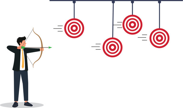 Businessman Archer Aiming Arrow at Multiple Swinging Bullseye Targets