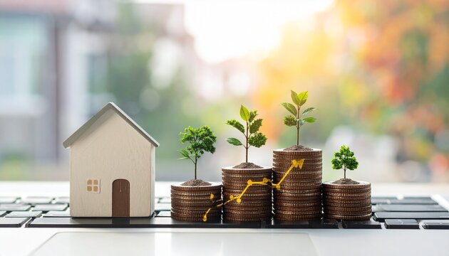 Stacks of coins arranged in ascending order on computer keyboard, each sprouting green plant, ending with small wooden house model, blurred warm background symbolizing financial growth, investment, pr