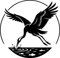 Fototapeta premium single black crane hunting a fish icon, wings open silhouette
