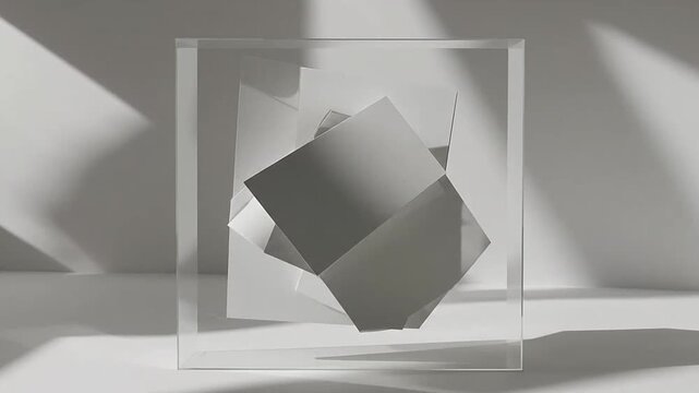 A clear glass cube containing abstract white geometric paper shapes