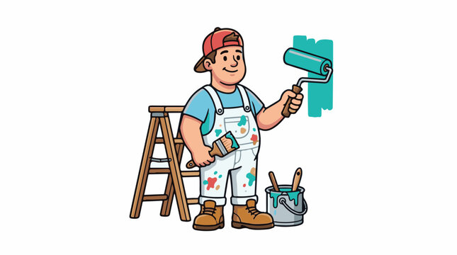 A cartoon man in a blue shirt and white overalls holds a paint roller and brush