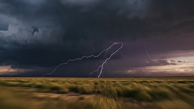 Powerful lightning strike over vast rural field at dusk.