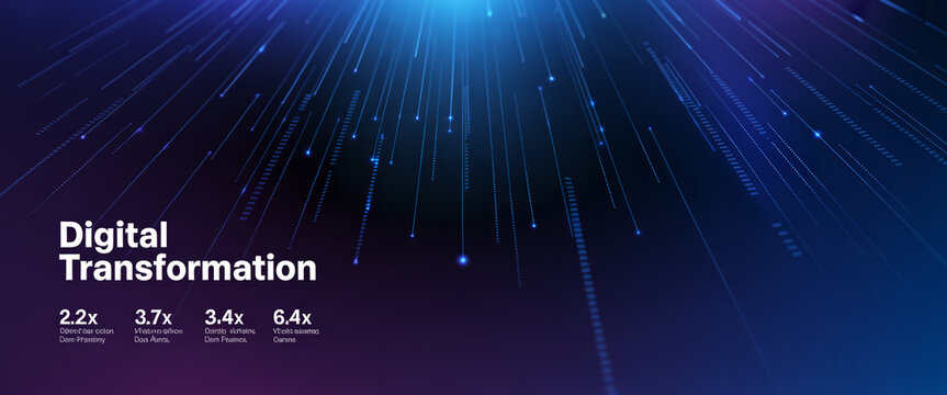 Digital transformation conceptual background featuring glowing light trails and abstract data metrics.