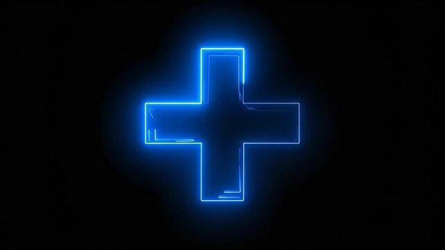 A glowing blue neon plus sign isolated on black background
