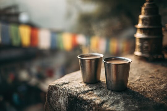 Quiet ashram tea moment with two simple steel tumblers of masala chai, prayer flags or incense holder softly blurred behind, spiritual-practice break atmosphere, meditative tea ritual concept