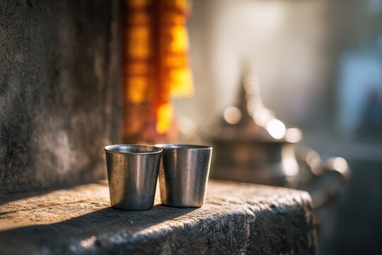 Quiet ashram tea moment with two simple steel tumblers of masala chai, prayer flags or incense holder softly blurred behind, spiritual-practice break atmosphere, meditative tea ritual concept