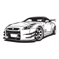 Black and white line art illustration of a modified sports car.