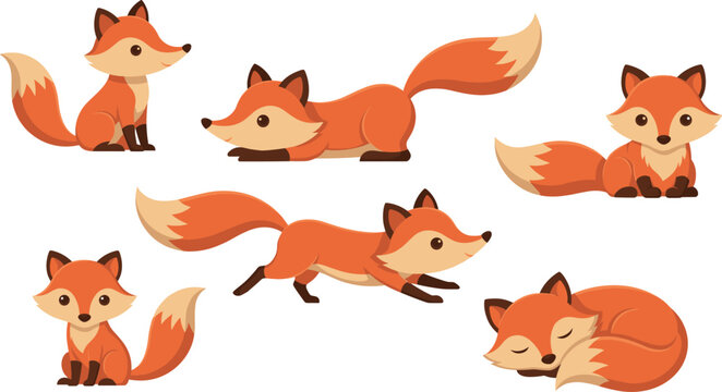 Cute cartoon red fox vector character set featuring multi-pose woodland animals sitting lying running sleeping and jumping isolated on white background