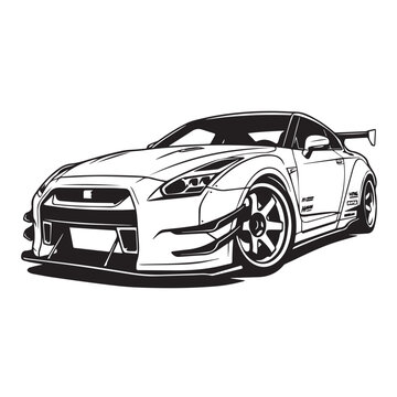 Black and white line art illustration of a modified sports car.