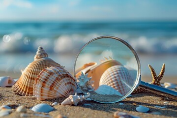 Fototapeta premium Seashells and magnifying glass on sandy beach by the ocean