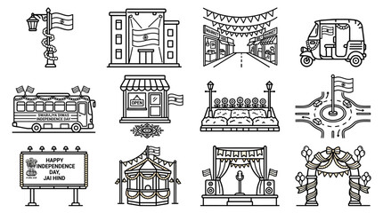 Fototapeta premium Set of outline icons for Indian Independence Day celebrations.