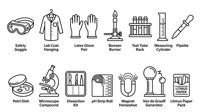 Set of laboratory equipment icons for science experiments and research.