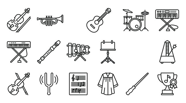Set of musical instruments and music education equipment icons.
