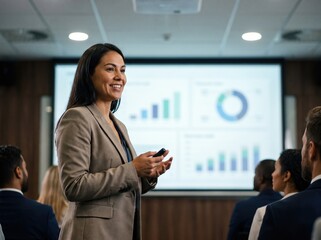 Obraz premium Confident Female Tech Leader Presenting Data Charts at Business Seminar