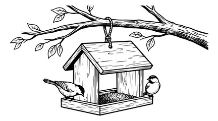 Vintage bird feeder engraving, rustic wooden birdhouse hanging from tree branch with small birds, hand drawn garden vector illustration © sajida