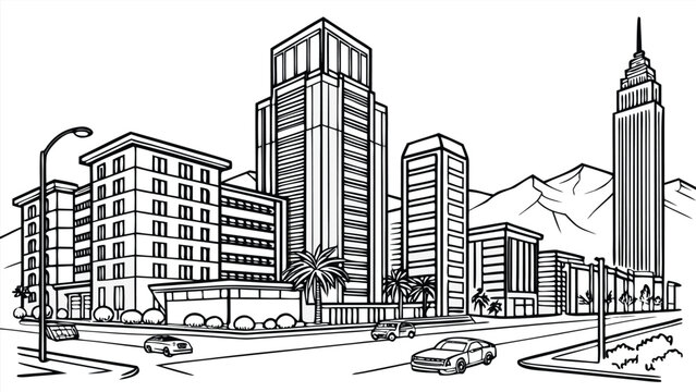 Vector illustration of a modern city street with skyscrapers and mountains skyscrapers mountains buildings