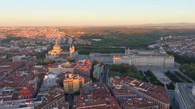 Aerial view of Royal Palace. Madrid. Spain. Medieval Buildings Landscape. Santa Maria Cathedral.