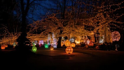 Obraz premium Magical Nighttime Forest Illuminated by Glowing Orbs and String Lights.