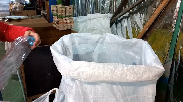 Human hand putting empty plastic bottle into big white trash bag filled with disposable bottles. Close up view of sorting process of container for recycling or garbage. Concept of waste management