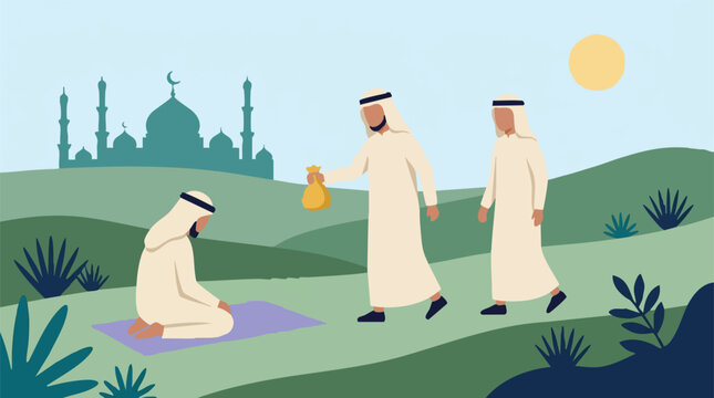 Muslim Men Practicing Zakat and Prayer in a Landscape with Mosque