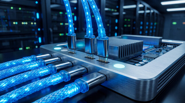 Modern computer network server rack with glowing blue cables