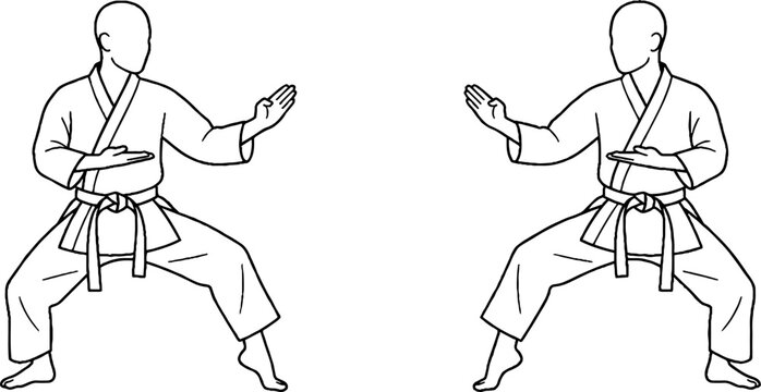 Two martial artists in traditional karate uniforms performing stances.