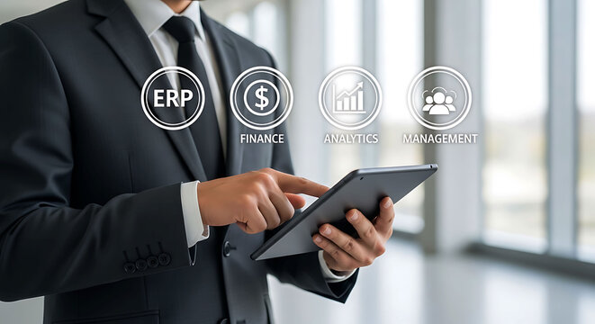 Businessman using tablet for ERP finance analytics and management systems software