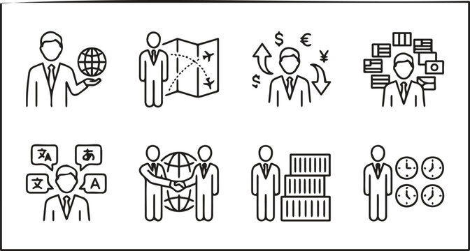 Global Business International Trade Icons Set Currency Exchange Partnership Timezone Logistics