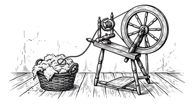 Vintage spinning wheel with wool basket vector illustration, antique wooden spinning machine, traditional textile craft engraving style