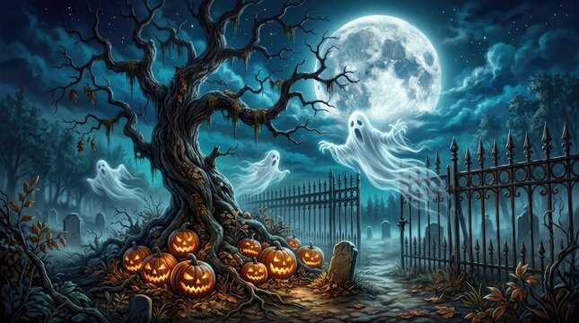 Spooky halloween night ghosts jack o' lanterns and a cemetery under a full moon