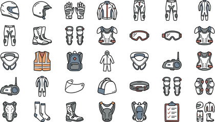 Obraz premium Motorsport Protection Gear Icons Set Featuring Motorcycle Helmets Leather Jackets Riding Boots Gloves And Body Armor For Racing Safety Vector Illustration