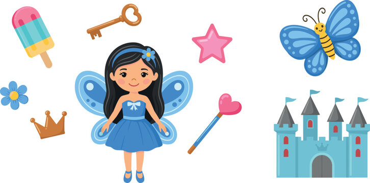 Cute fairytale character vector set featuring little cartoon girl fairy with blue wings butterfly princess castle magic wand crown and key
