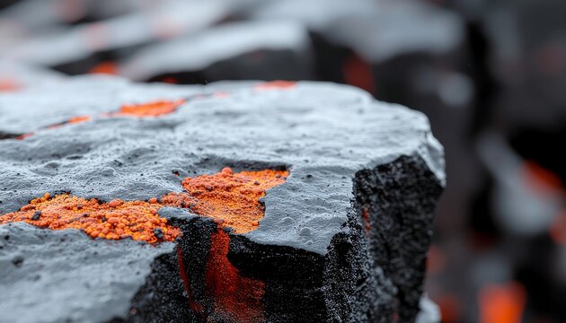 Closeup of orange lichen on charred rock surface.