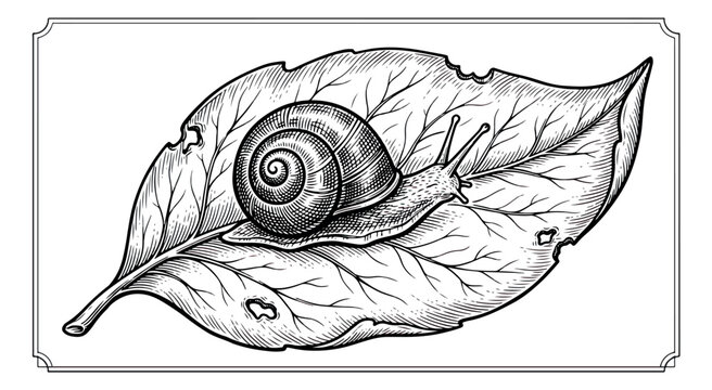 Vintage snail on leaf engraving, antique garden mollusk illustration, black and white gastropod vector art for botanical and nature designs