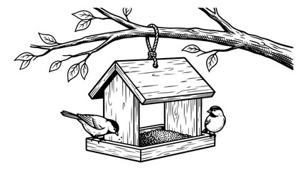 Vintage bird feeder illustration, hand drawn wooden birdhouse hanging from tree branch, rustic garden scene with small birds, black and white vector art © sajida