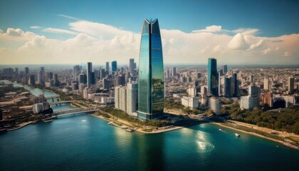 Obraz premium Modern Cityscape with Tall Skyscrapers and Waterway.