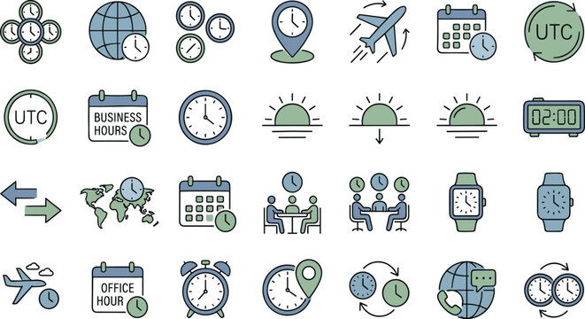 Time Zone and World Clock Icon Set Featuring Calendar Schedules Flight Departures Business Hours Global Meetings and Technology Elements for Corporate Marketing Vector Illustration