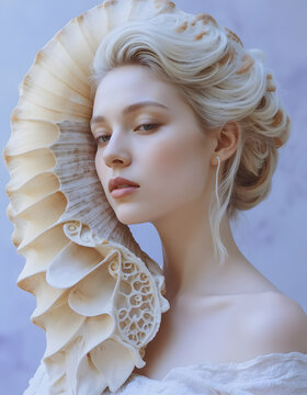 Elegant fantasy woman in shell headdress, soft beauty portrait