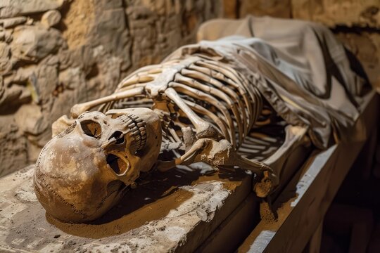 Human skeleton lying on a stone slab in an ancient tomb, covered by a worn piece of cloth, evoking a sense of mystery and history