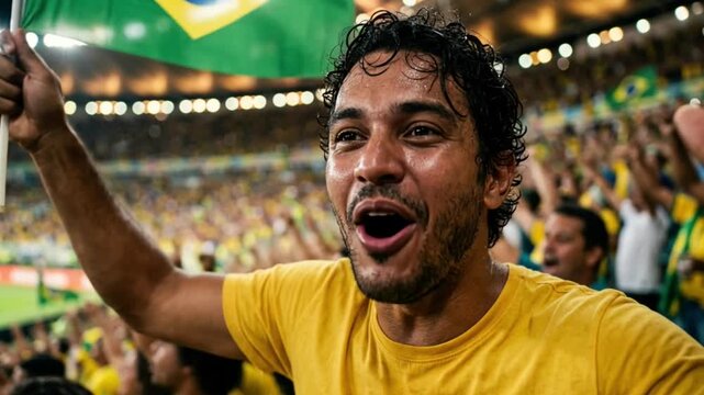 Excited Brazilian football supporter waves flag and cheers at stadium.