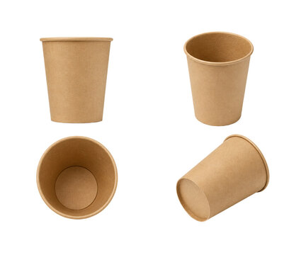 Collection of kraft paper cups shown from multiple viewing angles, including front view, angled perspective, top view, and horizontal position. Eco-friendly disposable food packaging isolated