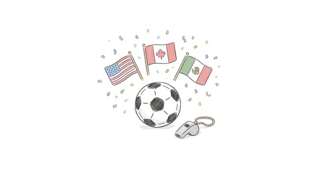 Soccer ball, whistle, and flags for United States, Canada, Mexico with colorful confetti