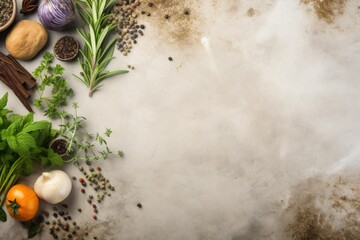 Obraz premium Assortment of fresh culinary herbs, spices, and vegetables arranged on a rustic background