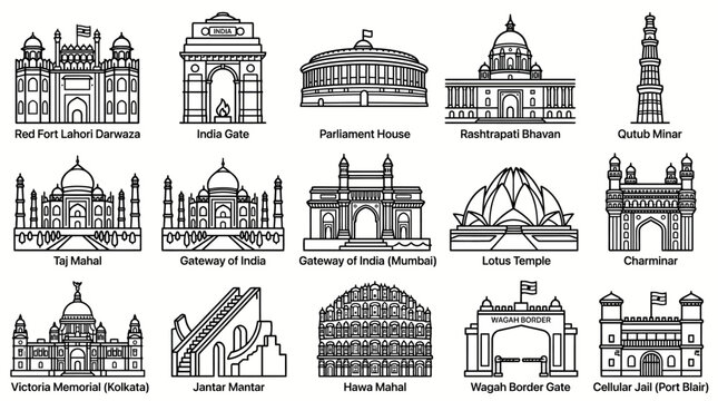 Set of Indian Famous Landmarks and Historical Monuments Line Art Icons.