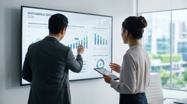 Business professionals analyzing sustainable growth strategy charts on wall display, discussing green energy investment and carbon footprint reduction goals for corporate