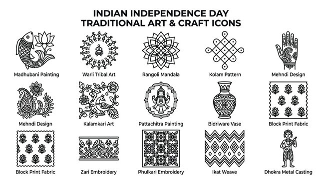 Set of Traditional Indian Art and Craft Icons for Independence Day Celebration.