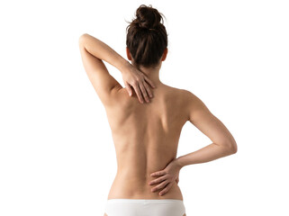 Naklejka premium Back pain and muscle tension in woman, female touching sore neck and lower back, spinal healthcare and orthopedic concept on white background