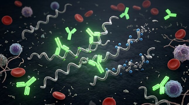 Antibodies attacking and neutralizing spirochete bacteria with y shaped antibodies bacteria spirochete pathogen infection microbiology immunity bacterial microscopic antibody research